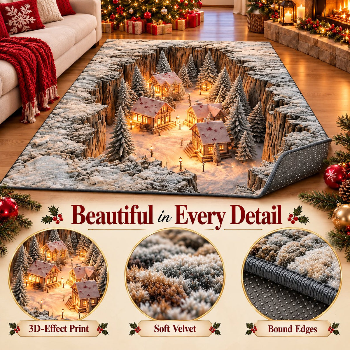 🎄 Optical Illusion Christmas Village Rug – Hidden Winter Scene Floor Decor ✨