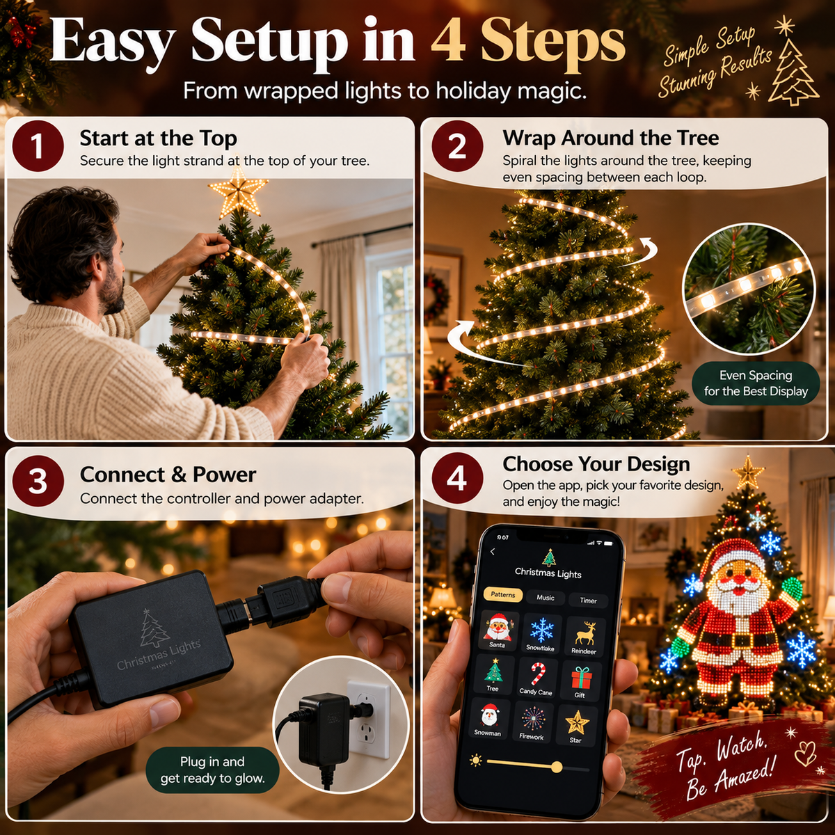 π Smart Wrap-Around Christmas Tree Lights β 12+ App-Controlled Festive Designs