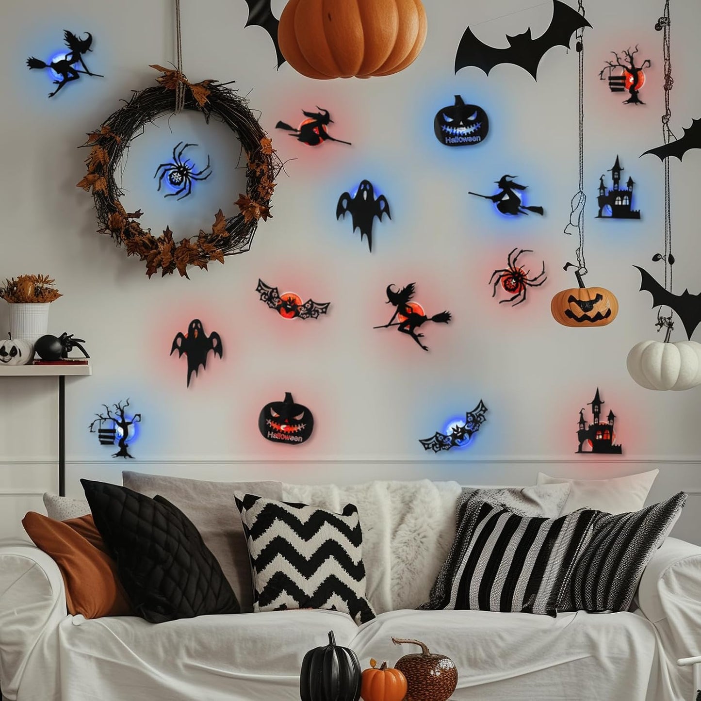 8 Pack Halloween LED Silhouette Wall Light Stickers, Battery Powered Peel & Stick Decor Lights