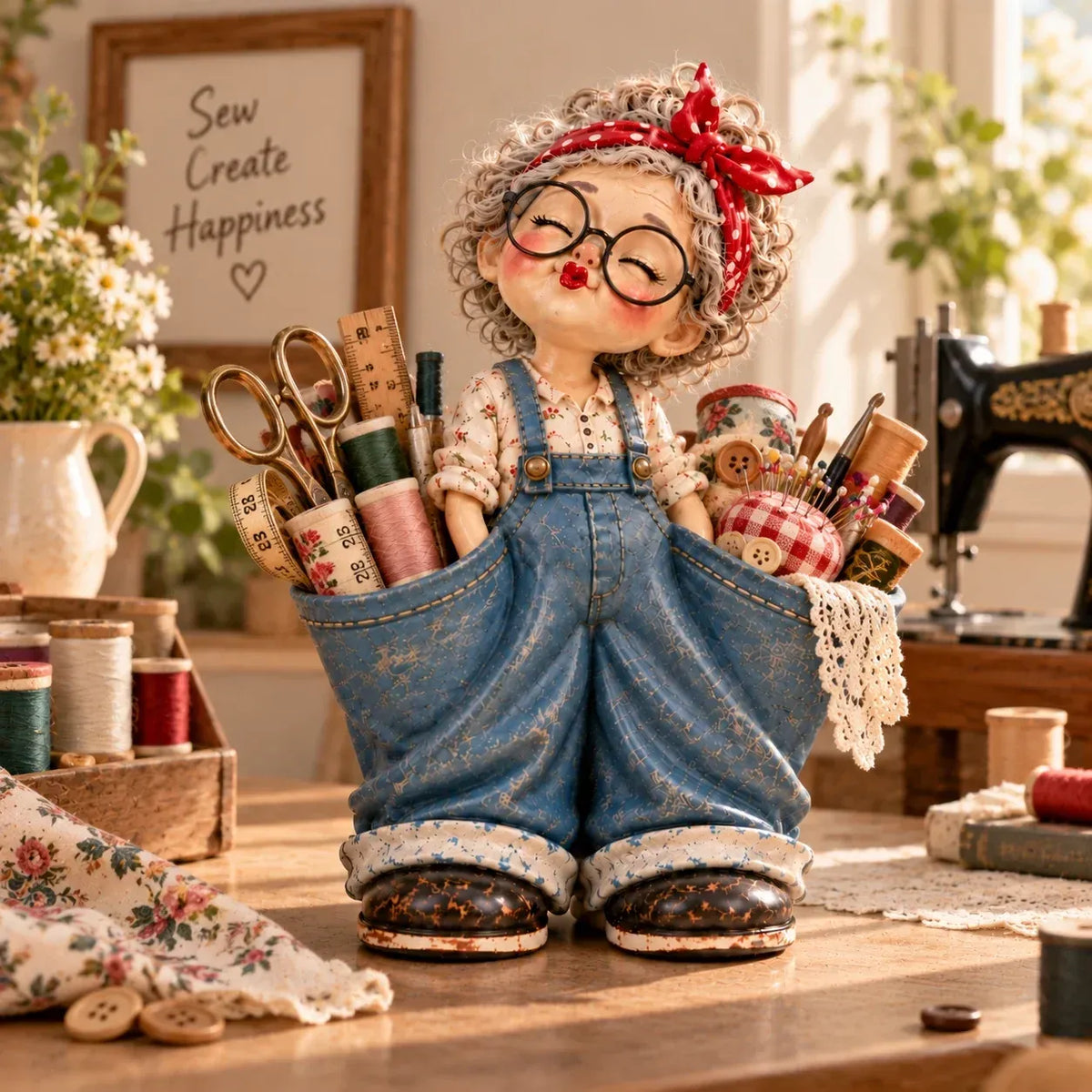 🎀💕 Vintage Girl Double-Pocket Organizer – Cute Denim-Style Figurine & Home Décor ✨