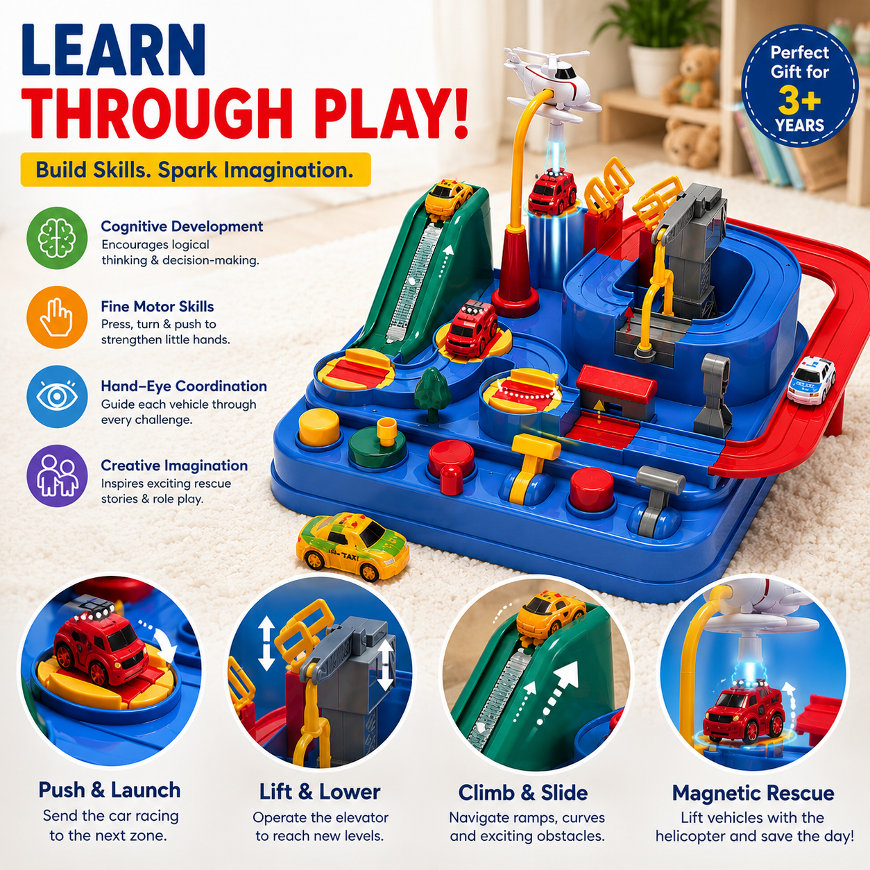 Kids Race Track Adventure Toy – Interactive Puzzle Track Playset with 6 Cars, Builds Thinking & Fine Motor Skills, Safe & Easy Assembly