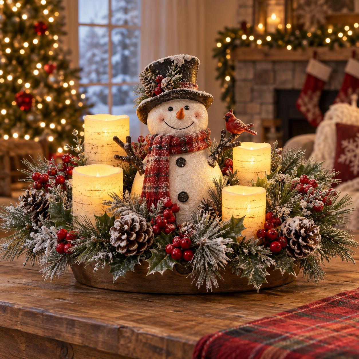 Christmas Lighted Centerpiece with Flameless Candle Glow