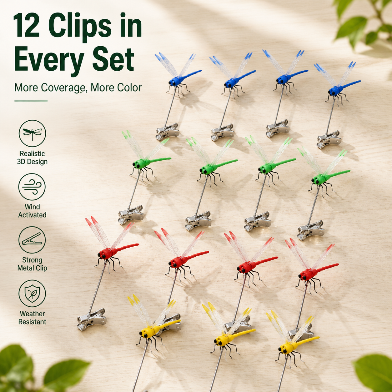 🪰 12-Pack Outdoor Dragonfly Clips – Natural Garden & Camping Decoration