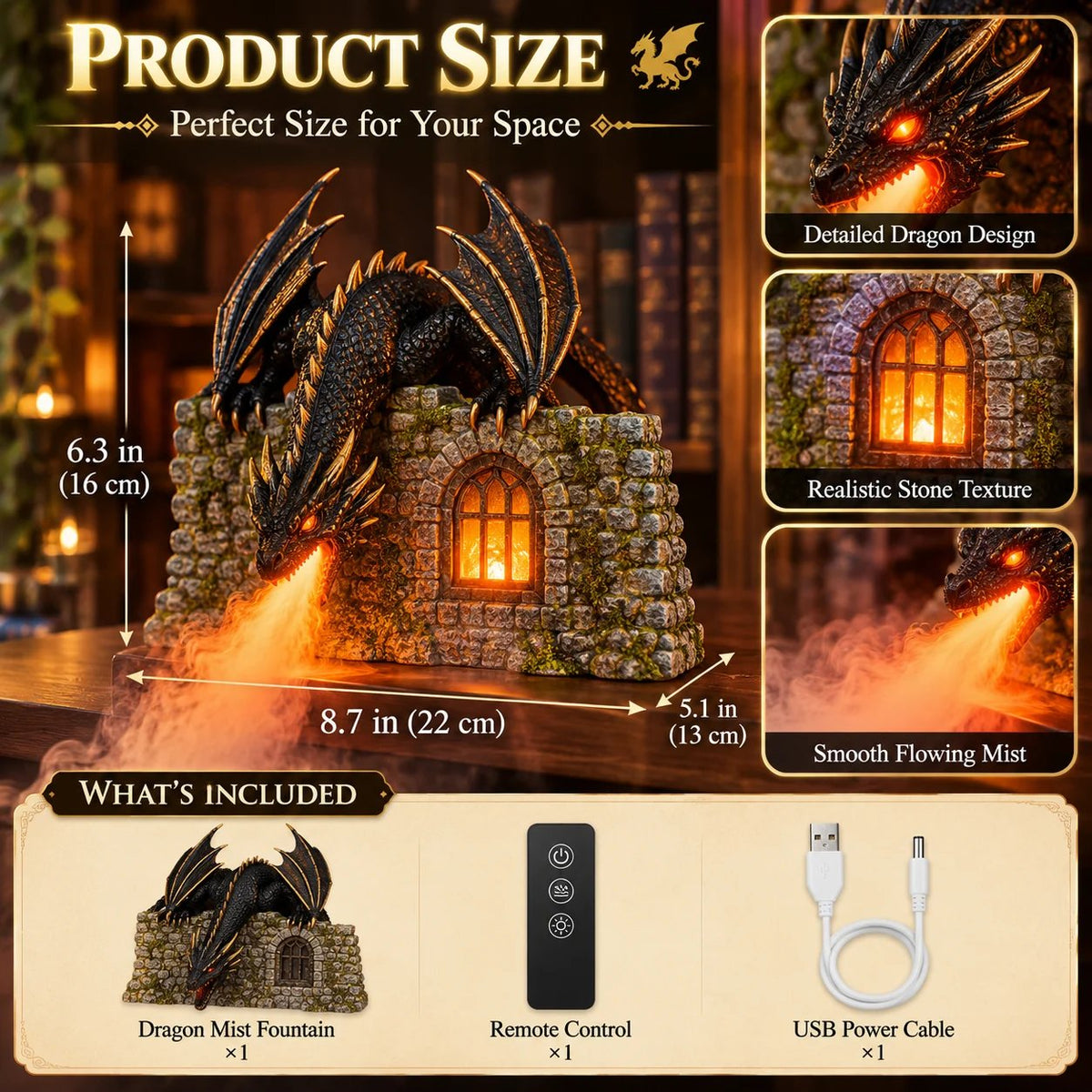 🐉 Dragon Mist Diffuser – Glowing Fire-Breathing Fantasy Bookshelf Decor