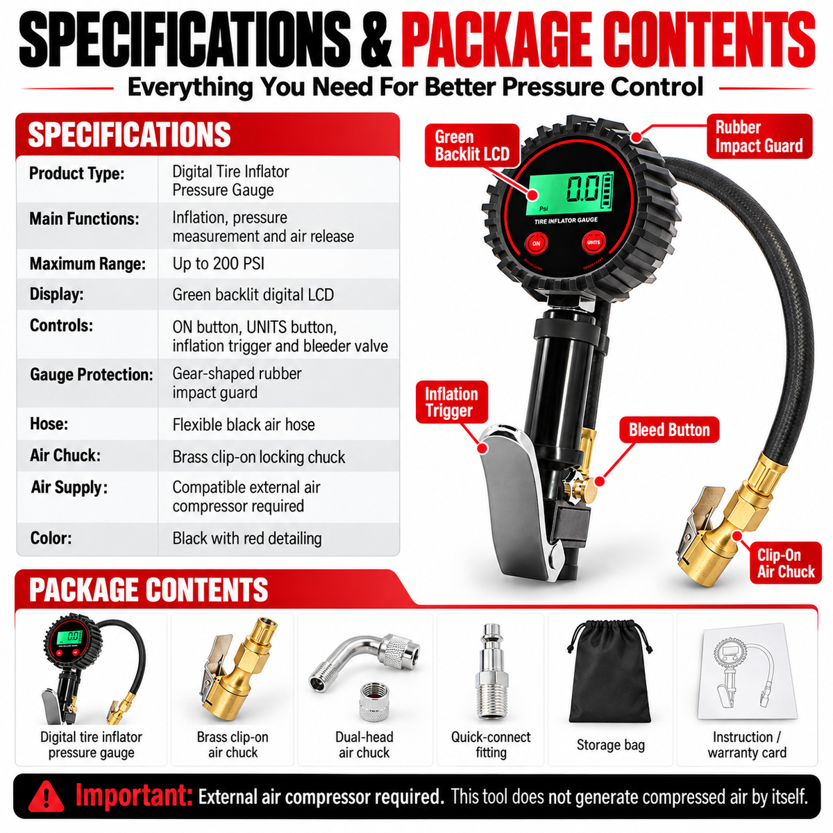 π 200 PSI Digital Tire Inflator Gauge β 3-in-1 Air Chuck, Pressure Gauge & Bleeder