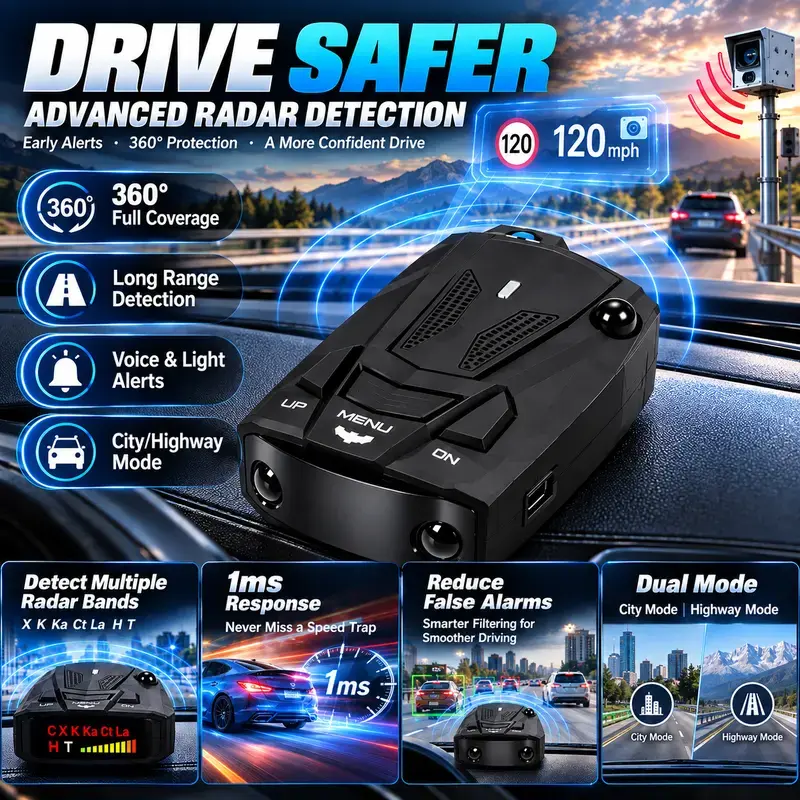 🚗 V7 Multi-Band Radar Alert Detector – Voice & LED Alerts, City/Highway Modes