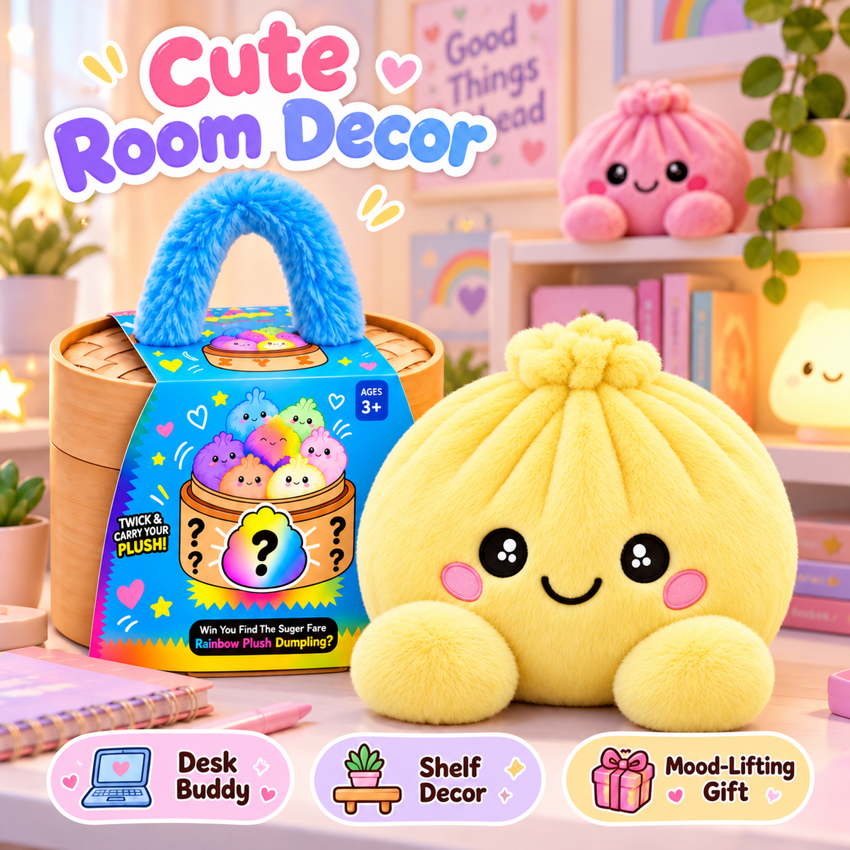 Rainbow Dumpling Plush Squishy with Bamboo-Style Steamer Basket – 8 Adorable Colors, Cute Stuffed Toy & Gift