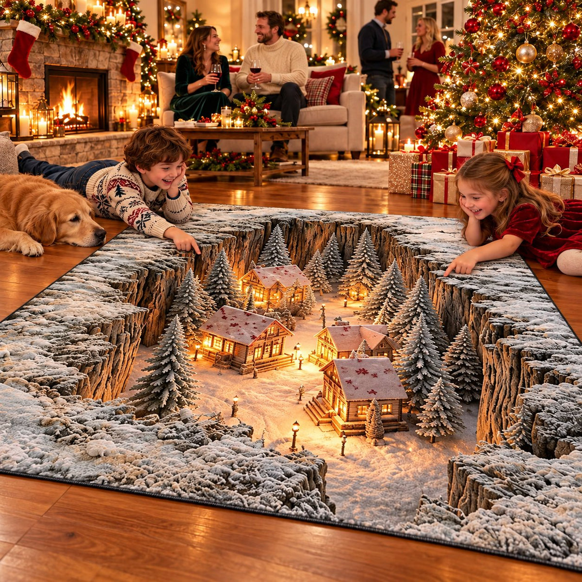 🎄 Optical Illusion Christmas Village Rug – Hidden Winter Scene Floor Decor