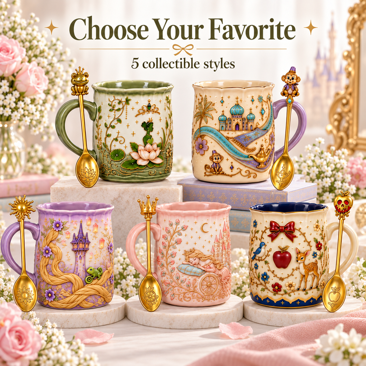 ✨ Enchanted Storybook Embossed Ceramic Mug – Matching Decorative Spoon & 5 Collectible Styles