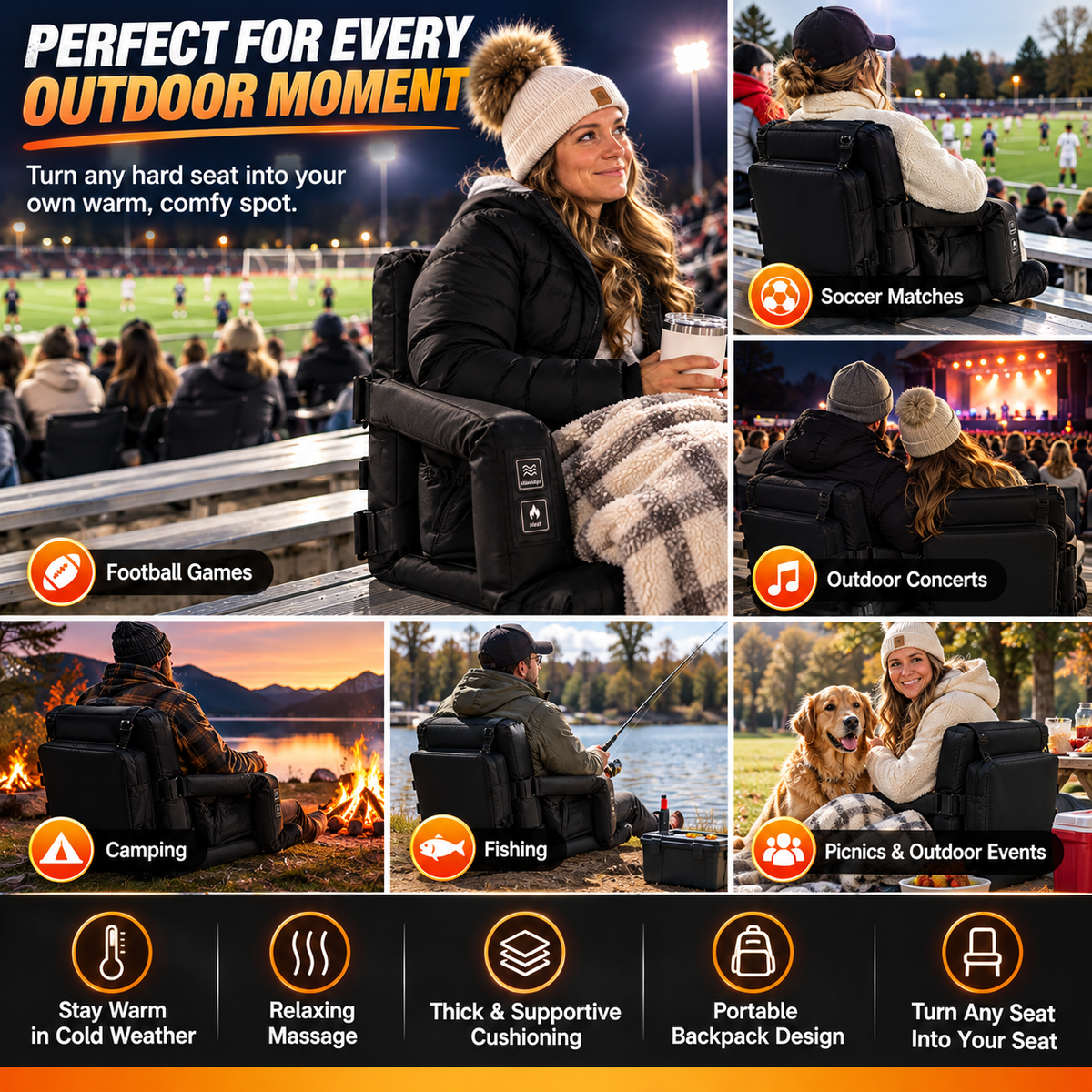 π₯ Portable Heated Massage Stadium Seat β Foldable Padded Bleacher Chair for Cold-Weather Games
