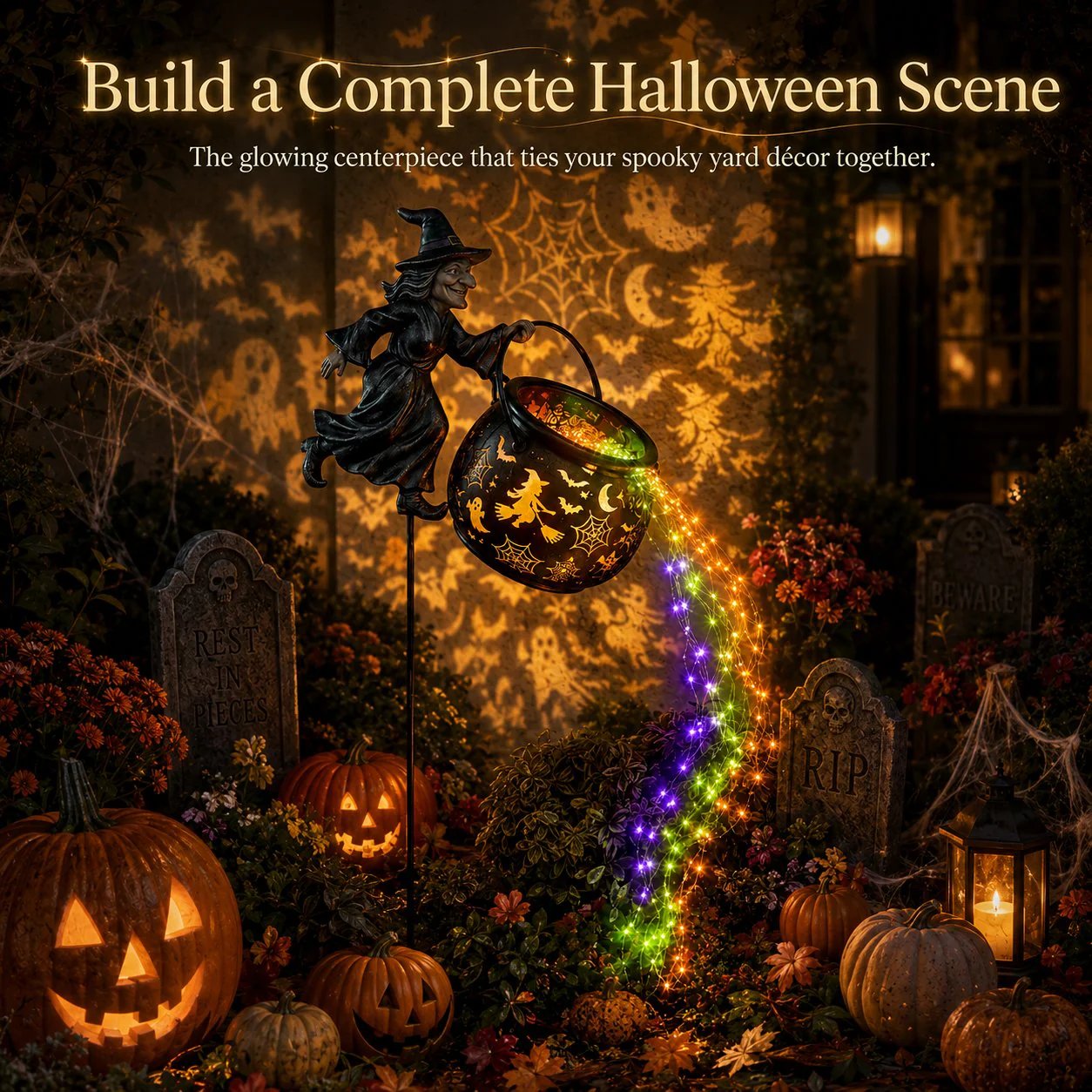 π Flying Witch & Glowing Cauldron Garden Light β Magical Halloween Yard Display