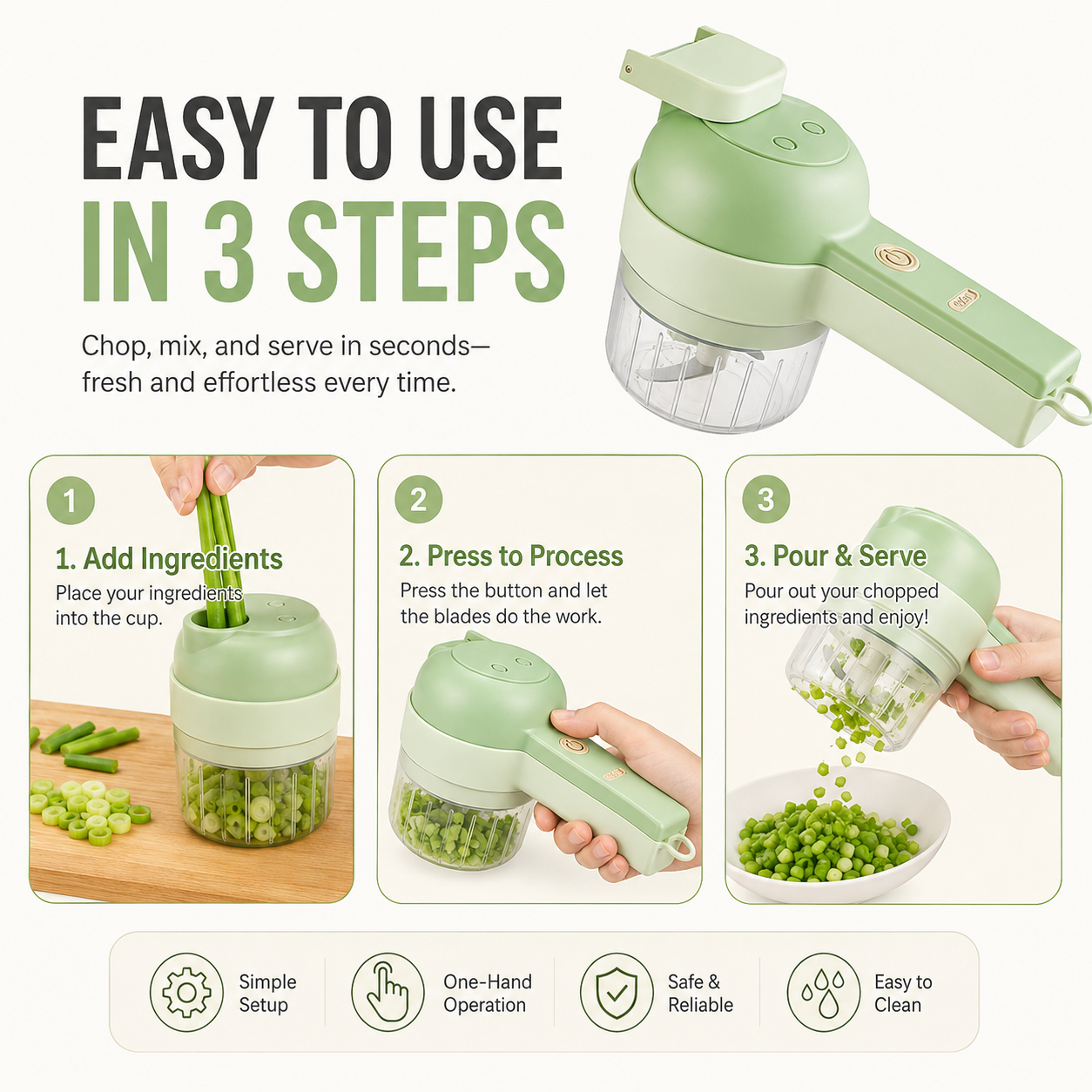 4-in-1 Electric Vegetable Cutter & Food Chopper – Cordless Slicer, Peeler & Grinder