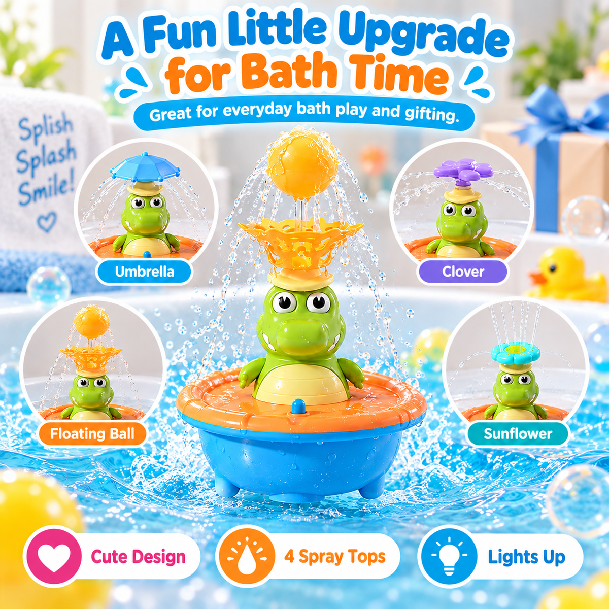 🐊 Floating Crocodile Bath Sprinkler Toy | 4 Spray Tops & Light-Up Water Play
