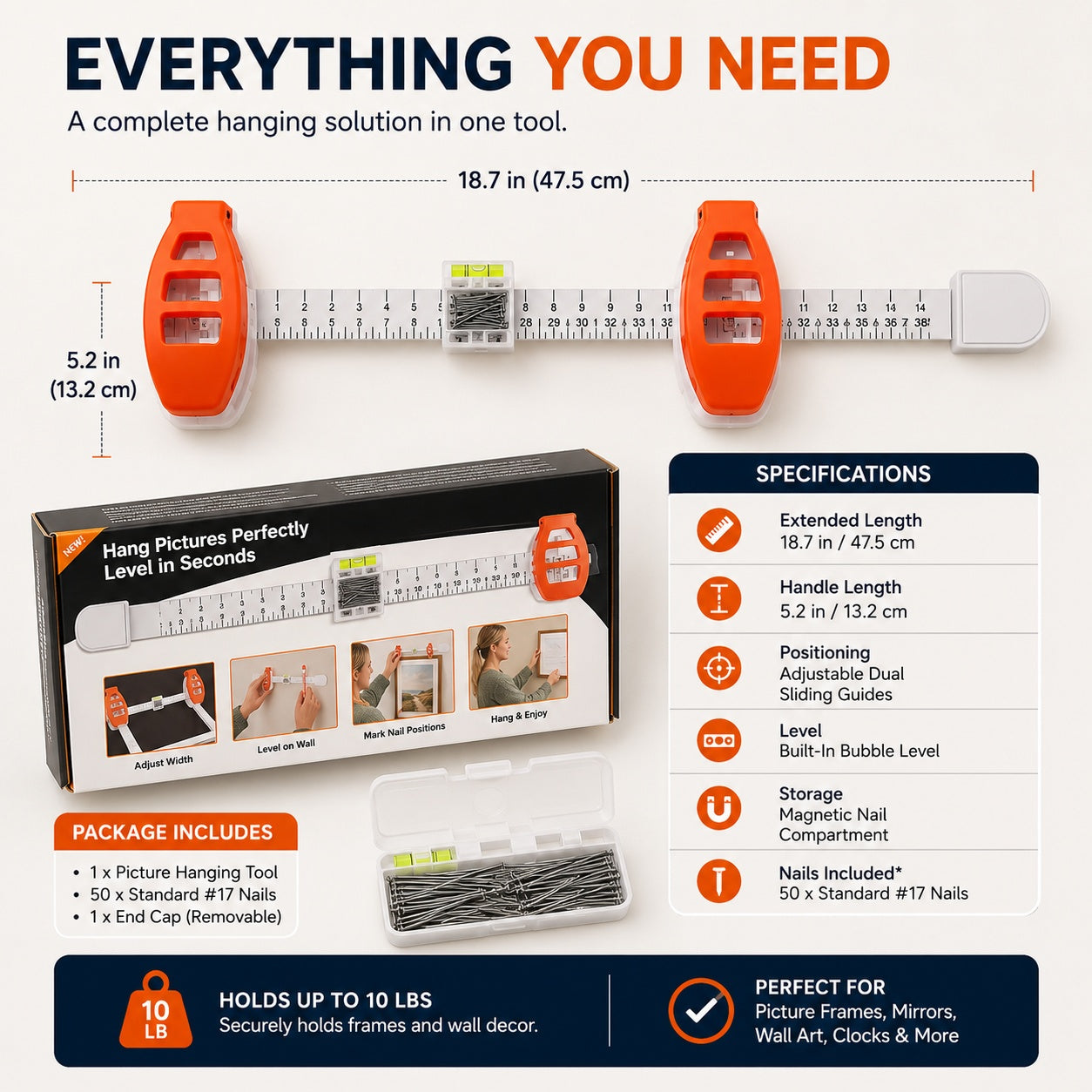 Adjustable Picture Hanging Tool with Built-In Level & Nail Positioning