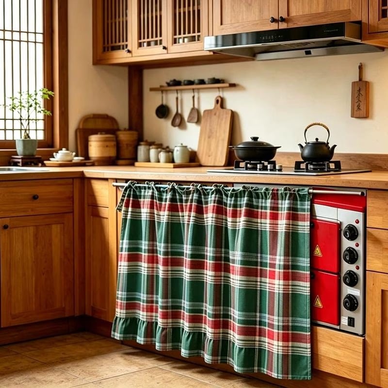✨2026 Farmhouse-Style Stove Curtain, Gingham Grid Ruffle-Edge Tier Curtains