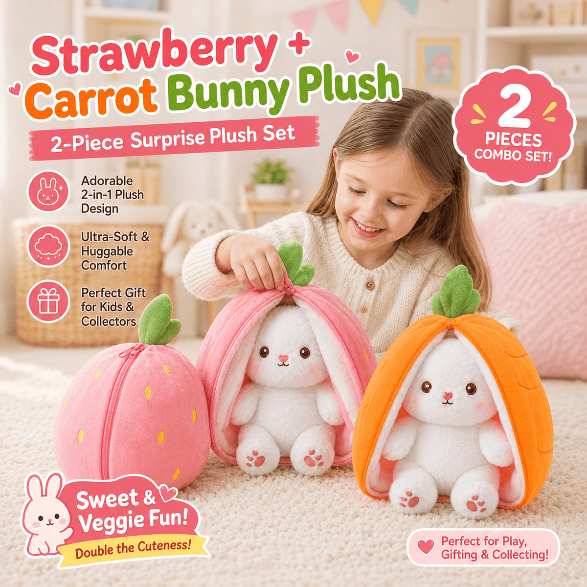2-in-1 Strawberry Bunny Reversible Plush – Zip & Flip Transforming Toy