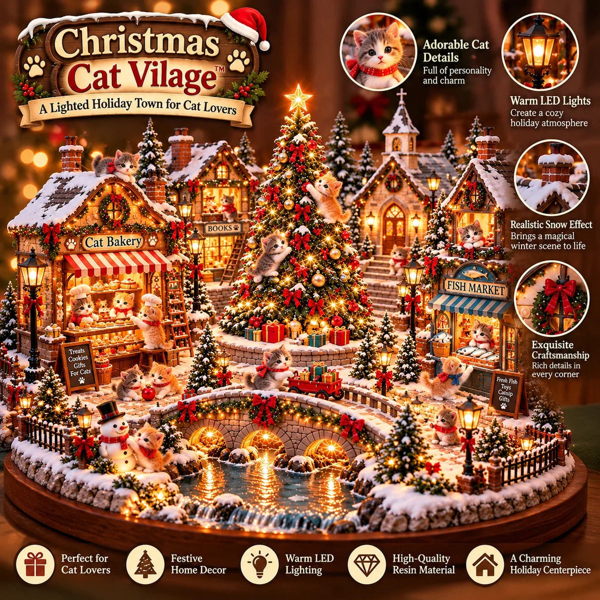 🐱 Light-Up Cat Christmas Village – Miniature Holiday Village Decoration for Cat Lovers