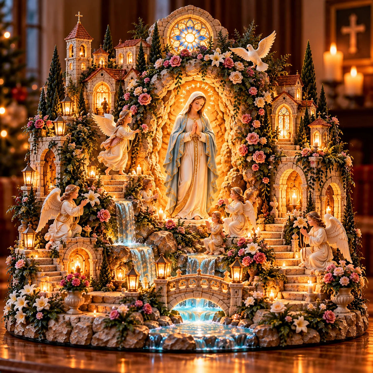 🌹 Blessed Mother Mary Rose Garden Sanctuary – Illuminated Marian Religious Figurine