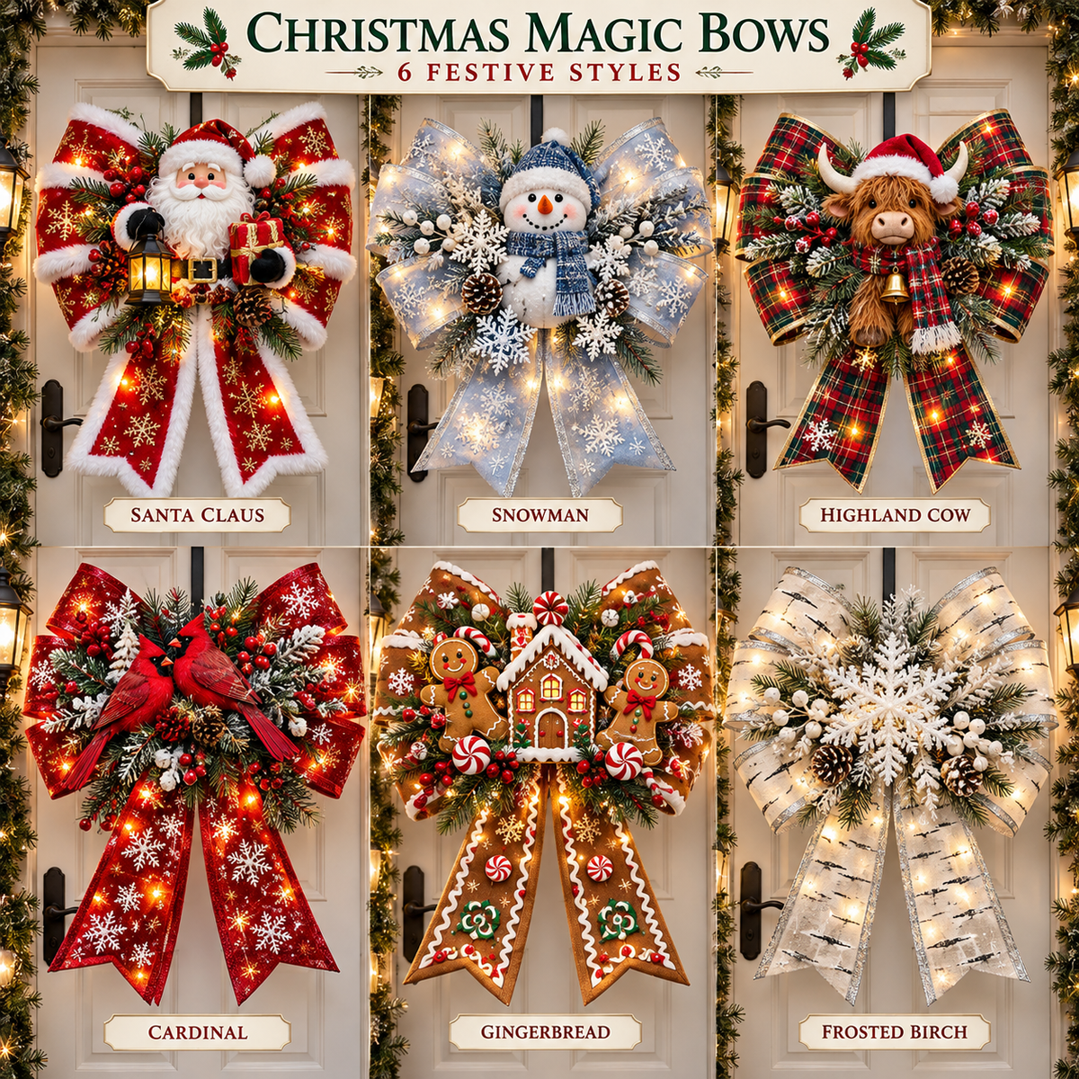 🎀 Light-Up Christmas Bow Door Hanger – Oversized 21″ × 24″ Holiday Door Decoration, 6 Festive Styles
