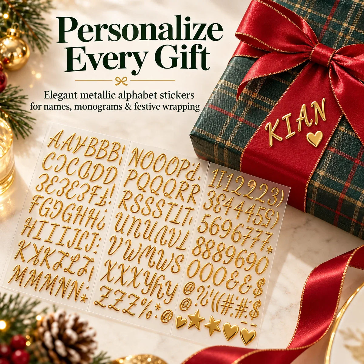 🎁✨ 3D Metallic Alphabet Stickers – Raised Letter, Number & Symbol Decals for Personalized Gifts, Cards & DIY Crafts 🎄 | 5 Colors