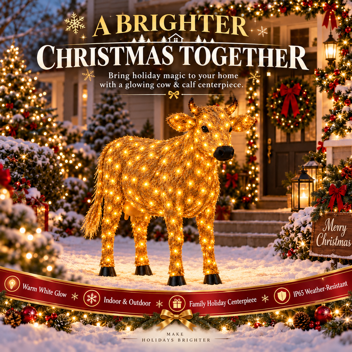 ✨🐄 Light-Up Christmas Cow & Calf Set – Warm White LED Holiday Display
