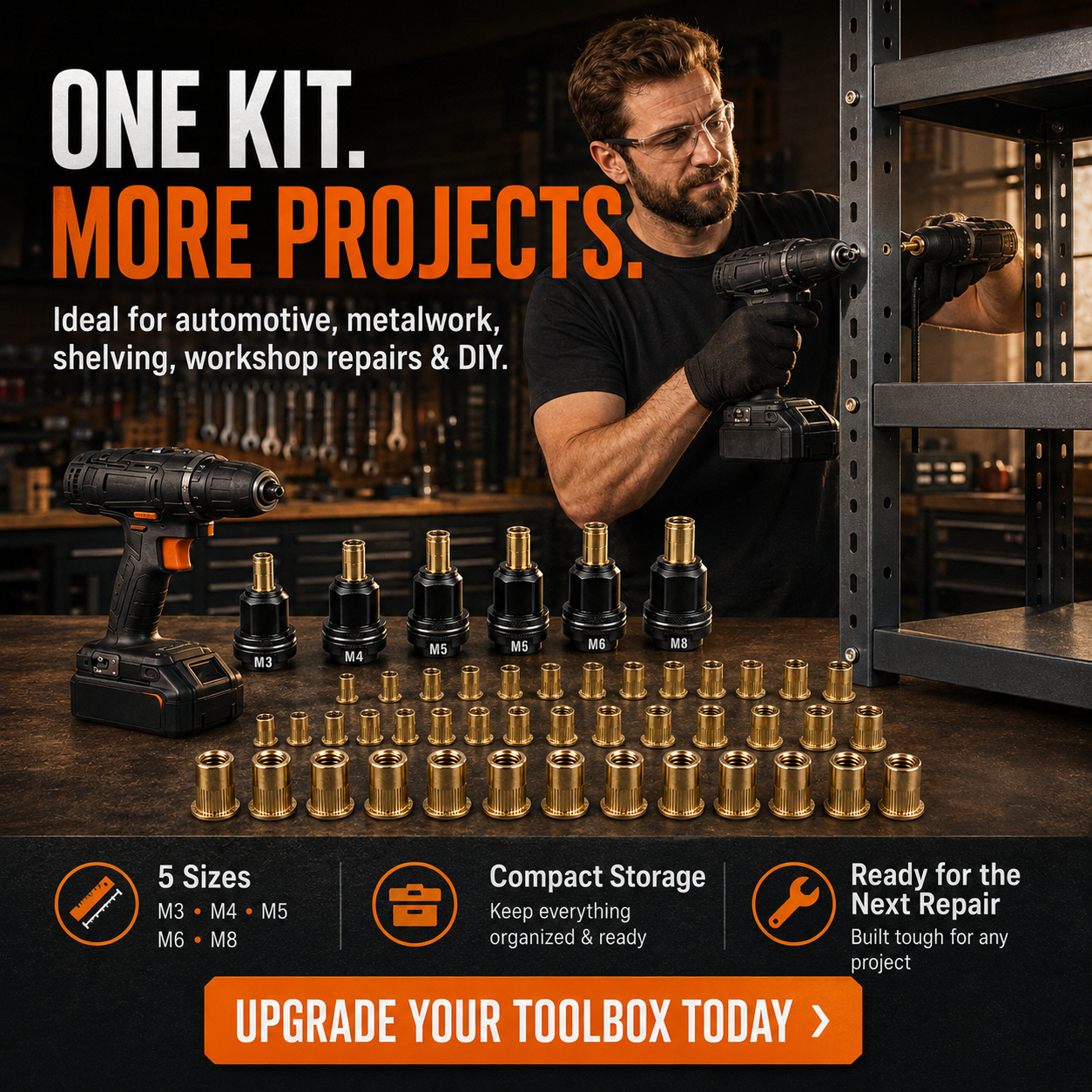 🔧Complete Drill-PoweredRivet Nut Kit - M3-M8 ThreadedInsert Tool Set