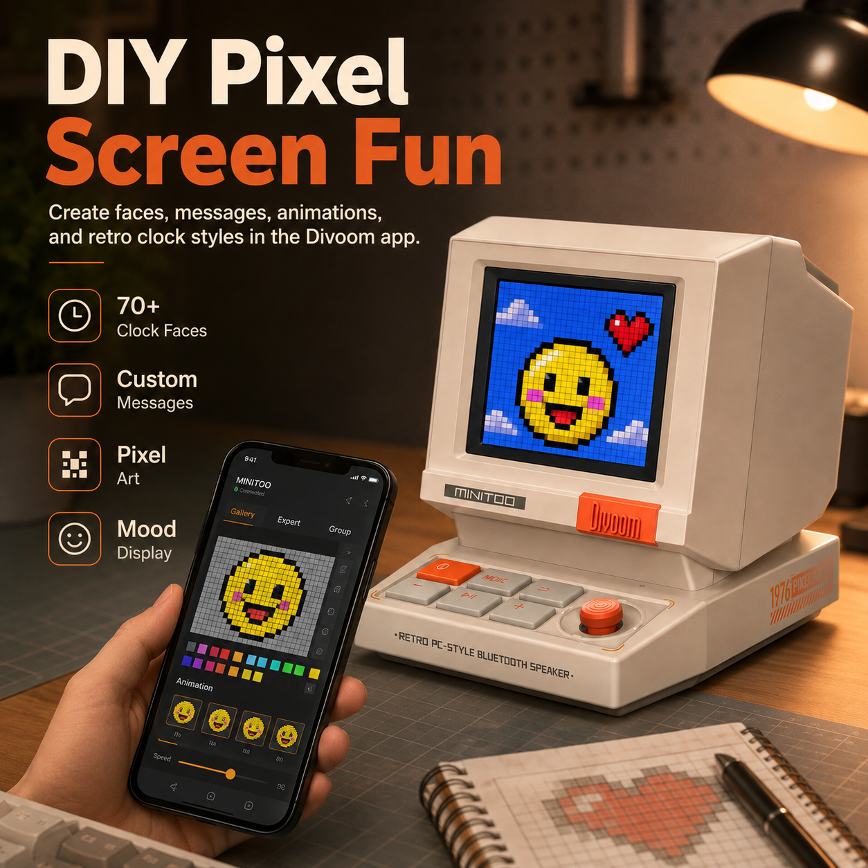 MiniToo Retro PC-Style Computer Speaker, Pixel Screen with DIY Faces | Bluetooth & USB Audio, Alarm/White Noise Clock, Desk Setup Gifts for Gaming