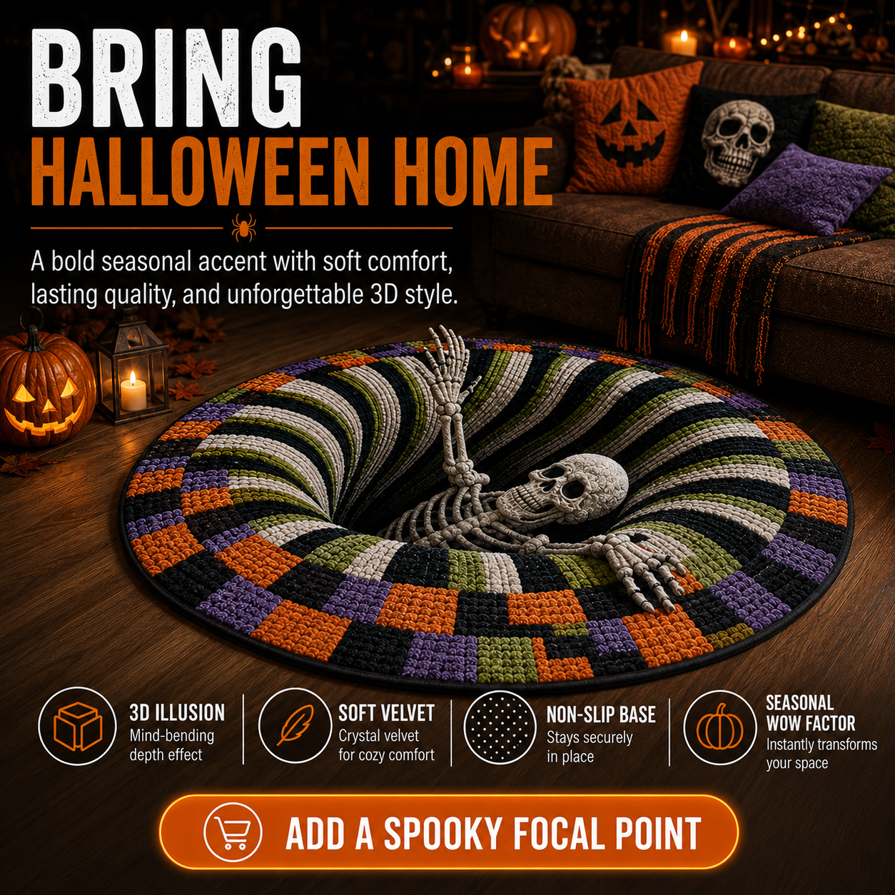 🎃3D Skeleton Vortex Quilted Round Halloween Rug