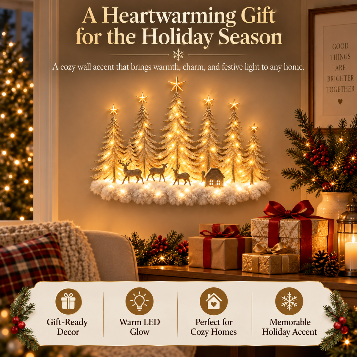 Lighted Christmas Deer Forest Wall Decor – Warm LED Winter Scene Holiday Decoration