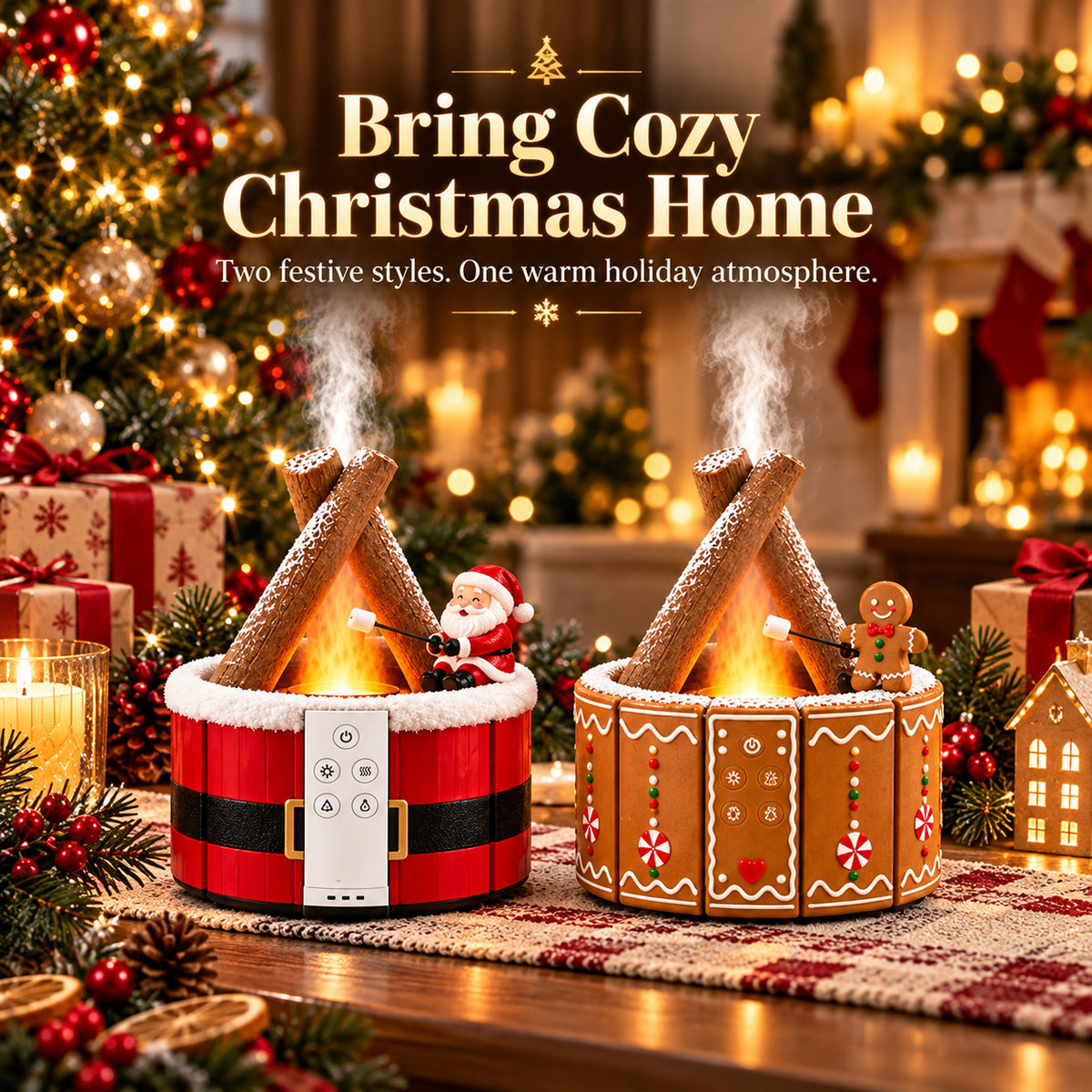 🎄🔥 MerryMist™ Christmas Campfire Diffuser – Santa & Gingerbread Glowing Flame-Mist Holiday Decor ✨🎁