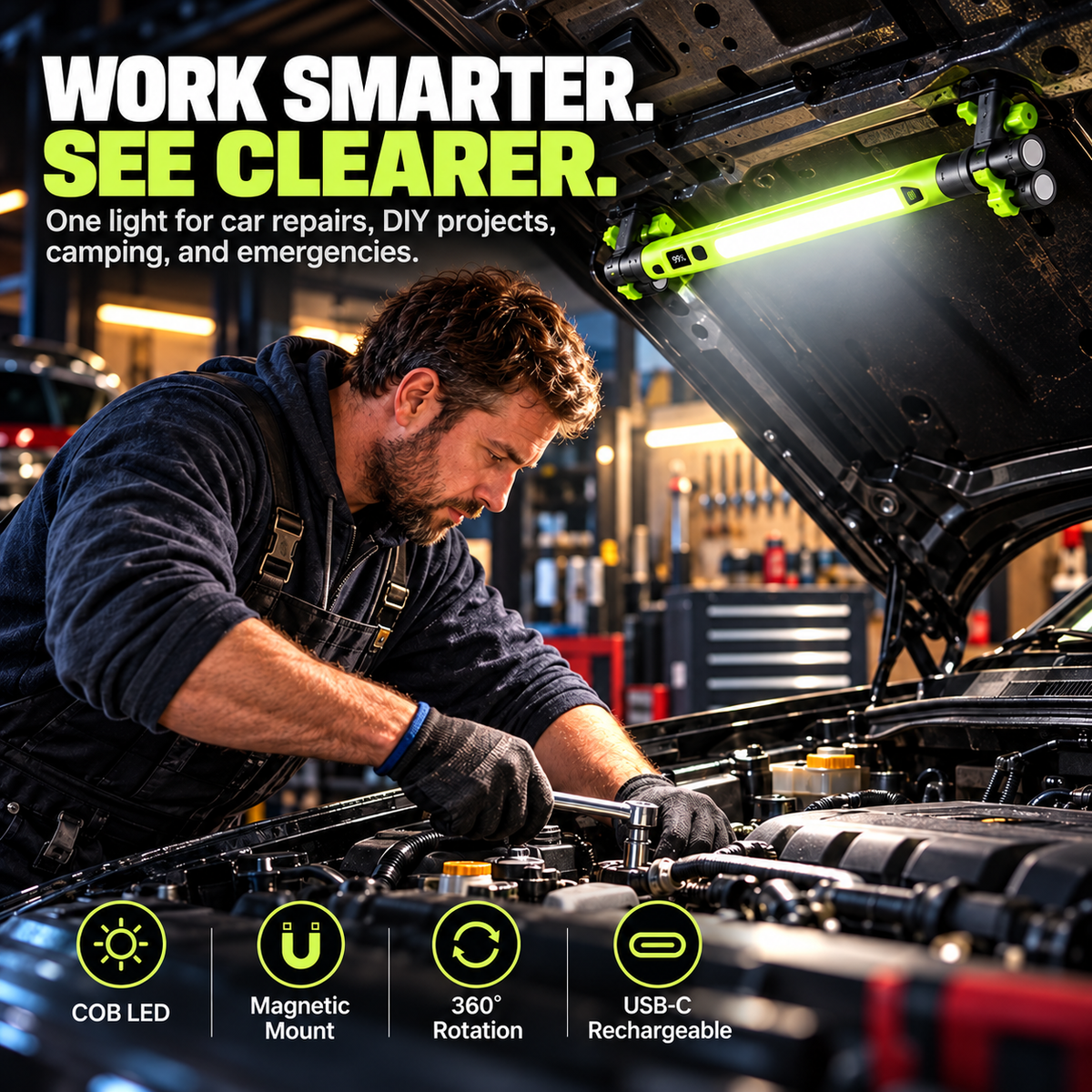 🔦 Rechargeable COB Work Light – Magnetic LED Mechanic Light with Hook, Clamp, 360° Rotation & USB-C ⚡