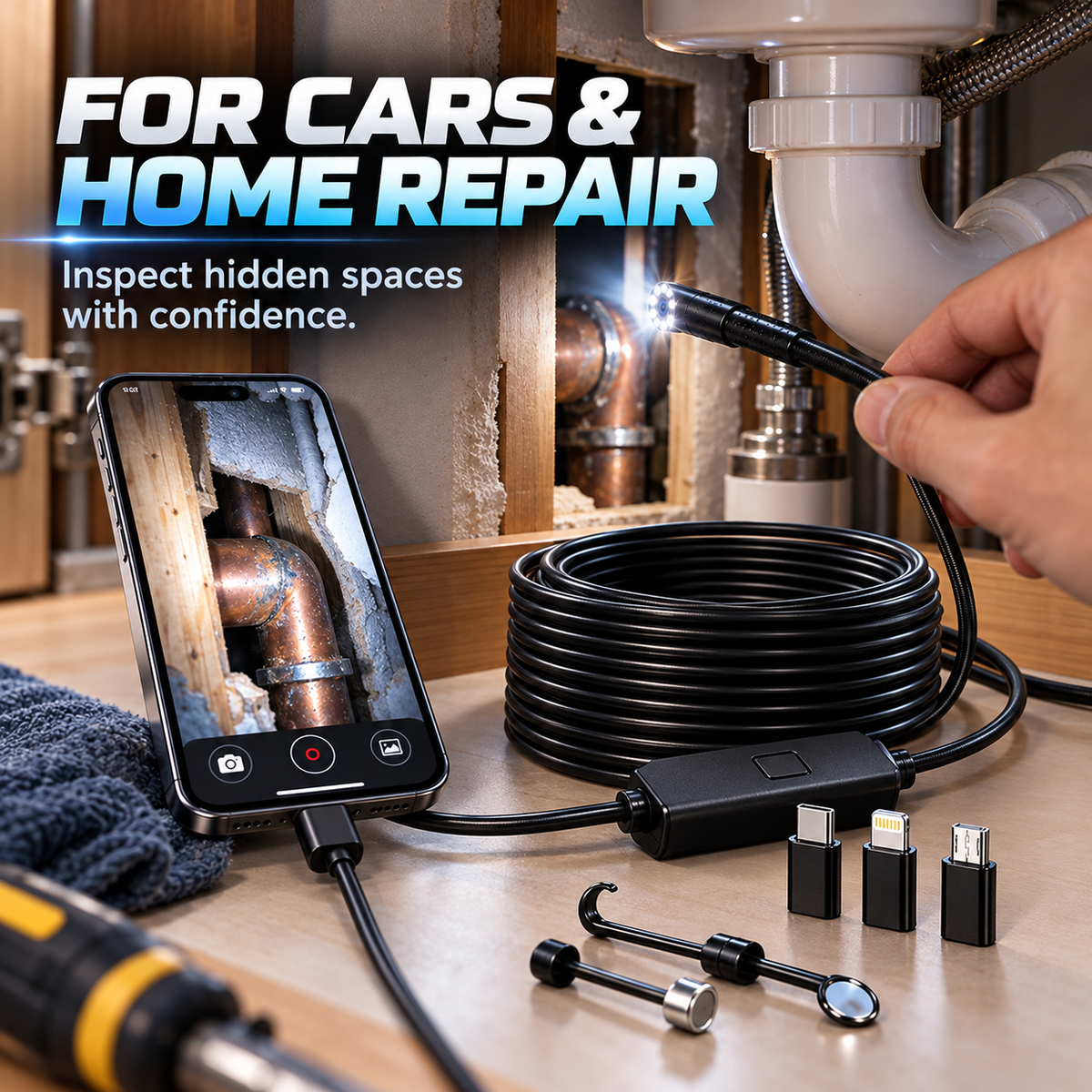 🔍 HD Inspection Camera for iPhone & Android – 11.48FT Cable, 8 LED Lights & Waterproof Probe 🚗