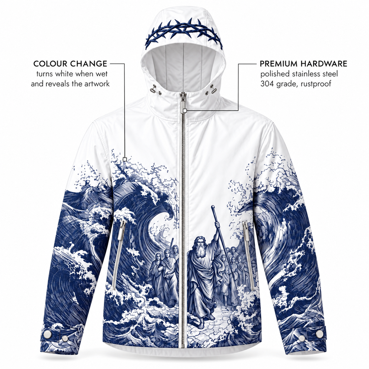 🌧️ The Rain Shell – 3-Layer Waterproof Jacket | Faith-Inspired Artwork, Embroidered Hood & Premium Metal Details