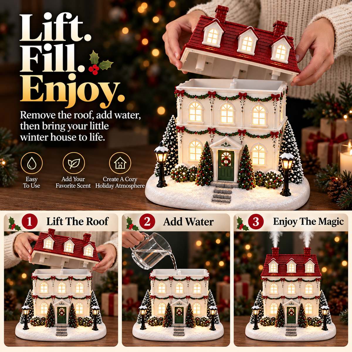 ๐ Christmas House Aroma Diffuser โ Warm Glow & Chimney Mist Holiday Decor๐
