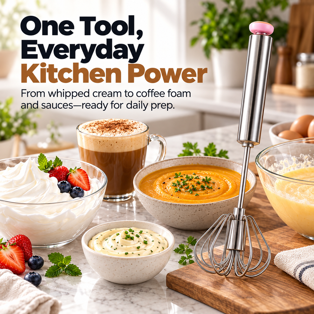 ✨ 3-in-1 Magic Whisk™ 🥣 | Easy Push Stainless Steel Mixer & Milk Frother