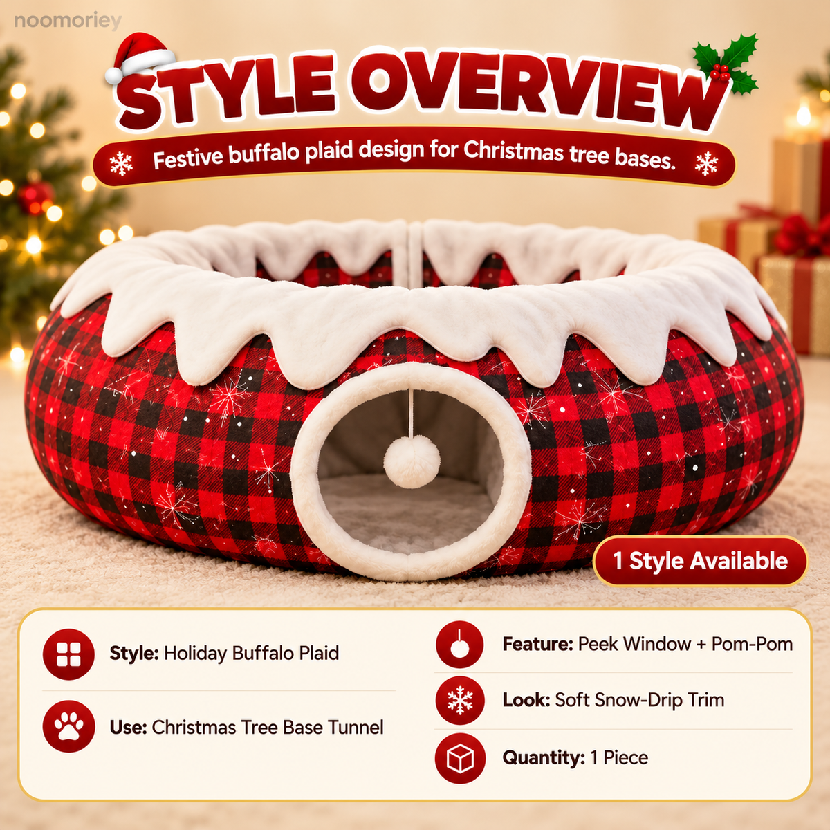 Christmas Tree Skirt Cat Tunnel – Cozy Buffalo Plaid Cat Hideaway with Peek Window & Hanging Pom-Pom Toy