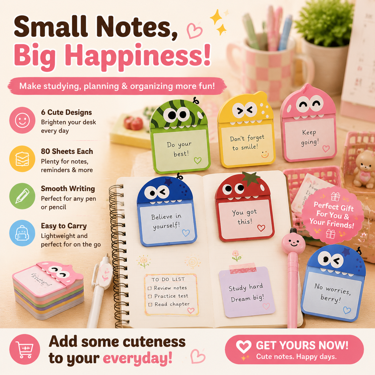 📚 Cute Character Sticky Notes (Pack of six)– Kawaii Memo Pads For Study, Journaling & Planning(6 PCS)