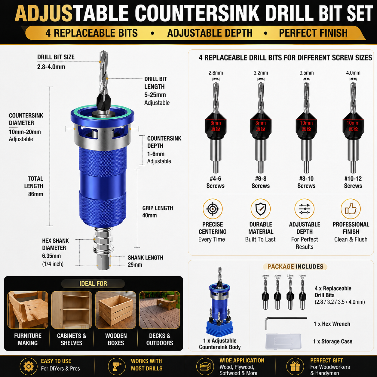🔩 Adjustable Countersink Drill Bit Set | Professional Woodworking Screw Finishing Tool⚡