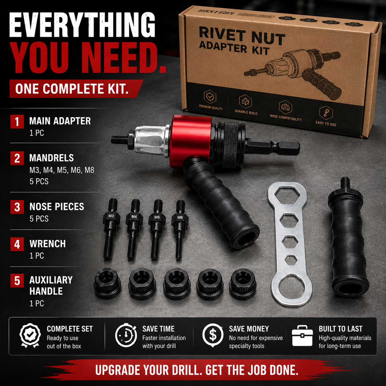 🔧 Drill-Powered Rivet Nut Adapter Kit – M3 to M8