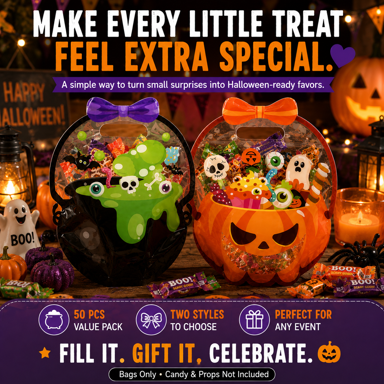 50 Pcs Halloween Goodie Bags – Clear Cauldron Candy Favor Bags