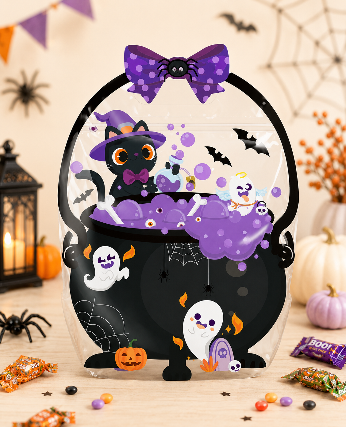 🎁50 Pcs Halloween Goodie Bags – Clear Cauldron Candy Favor Bags