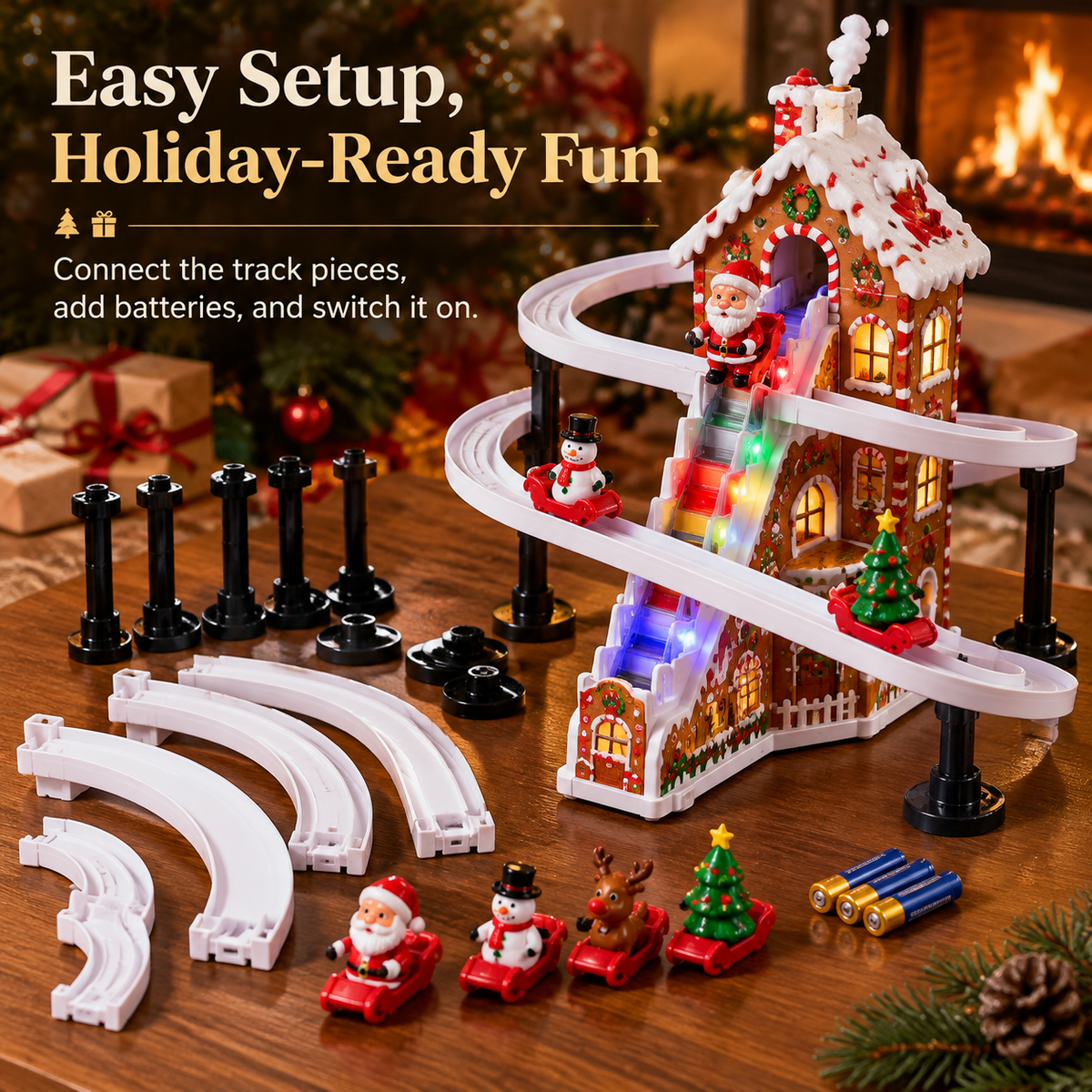 🎄✨ Santa Claus Gingerbread Climbing Toy Set – Colorful LED Lights, Music & Looping Christmas Track 🎅🎁