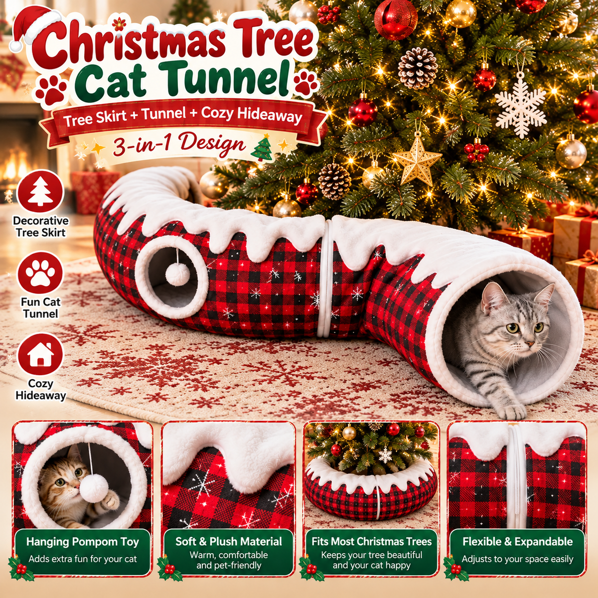 🎄🐾 Christmas Cat Tunnel & Tree Skirt – 3-in-1 Cozy Plaid Hideaway with Hanging Pom-Pom Toy ❄️