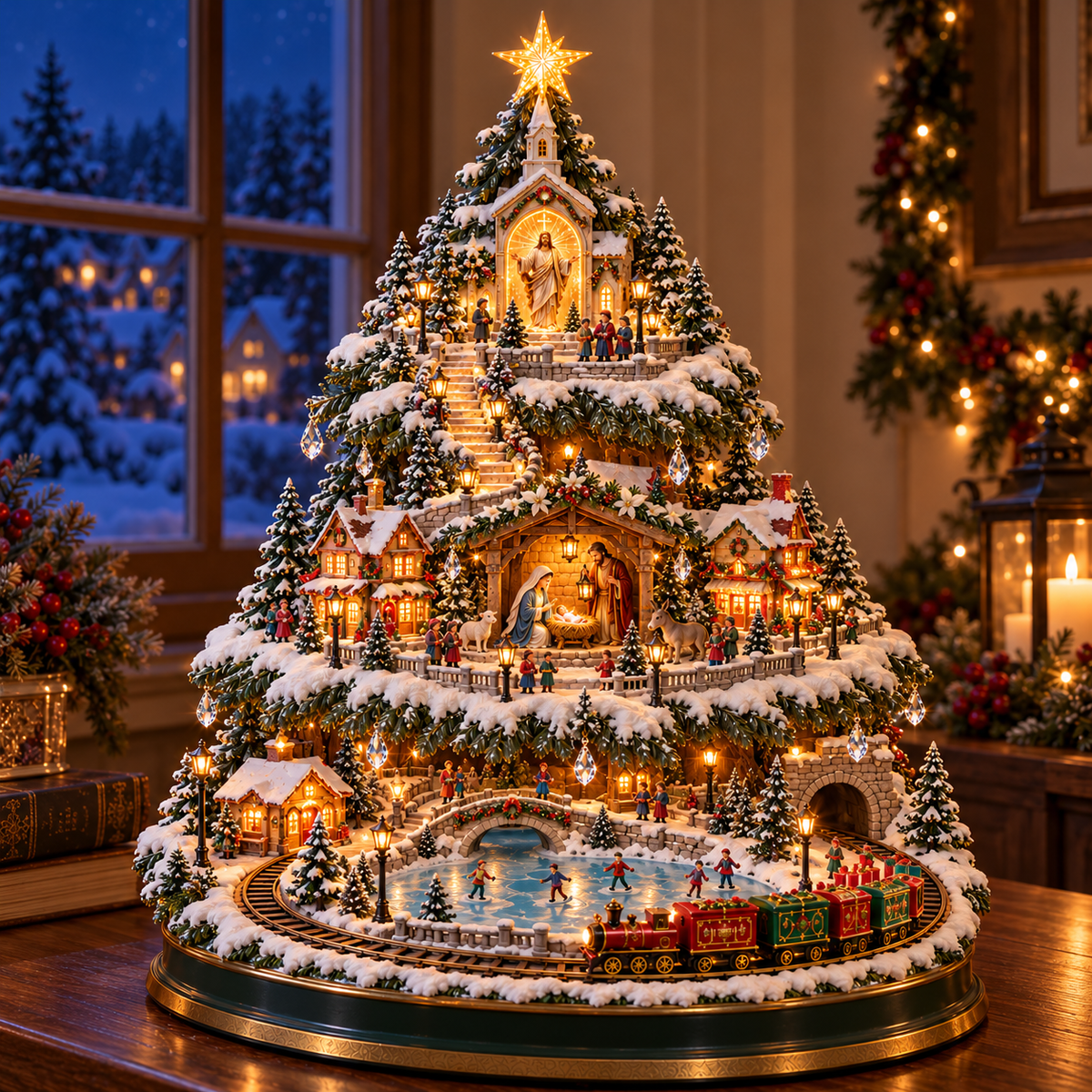 🎄 Lighted Christmas Village Tree – 3-Tier Holiday Village with Train, Carousel & Warm Glow