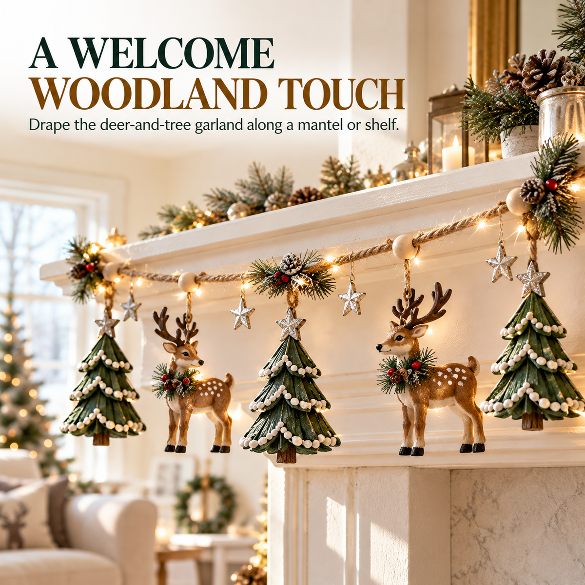 🎄✨ Enchanted Lighted Woodland Christmas Garland – Glowing Evergreen Trees, Woodland Deer & Rustic Star Décor 🦌