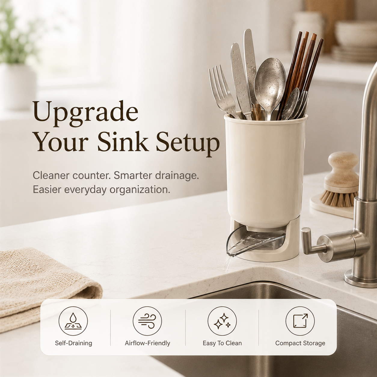 💧Self-Draining Utensil Holder | Compact Sink-Side Storage with Drainage