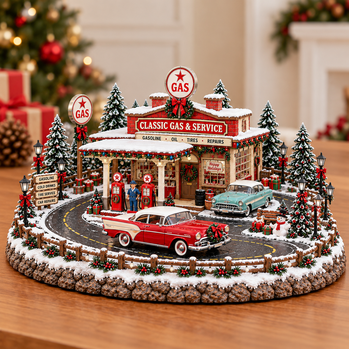 🚗 Lighted Classic Gas Station Christmas Village | Vintage Roadside Décor