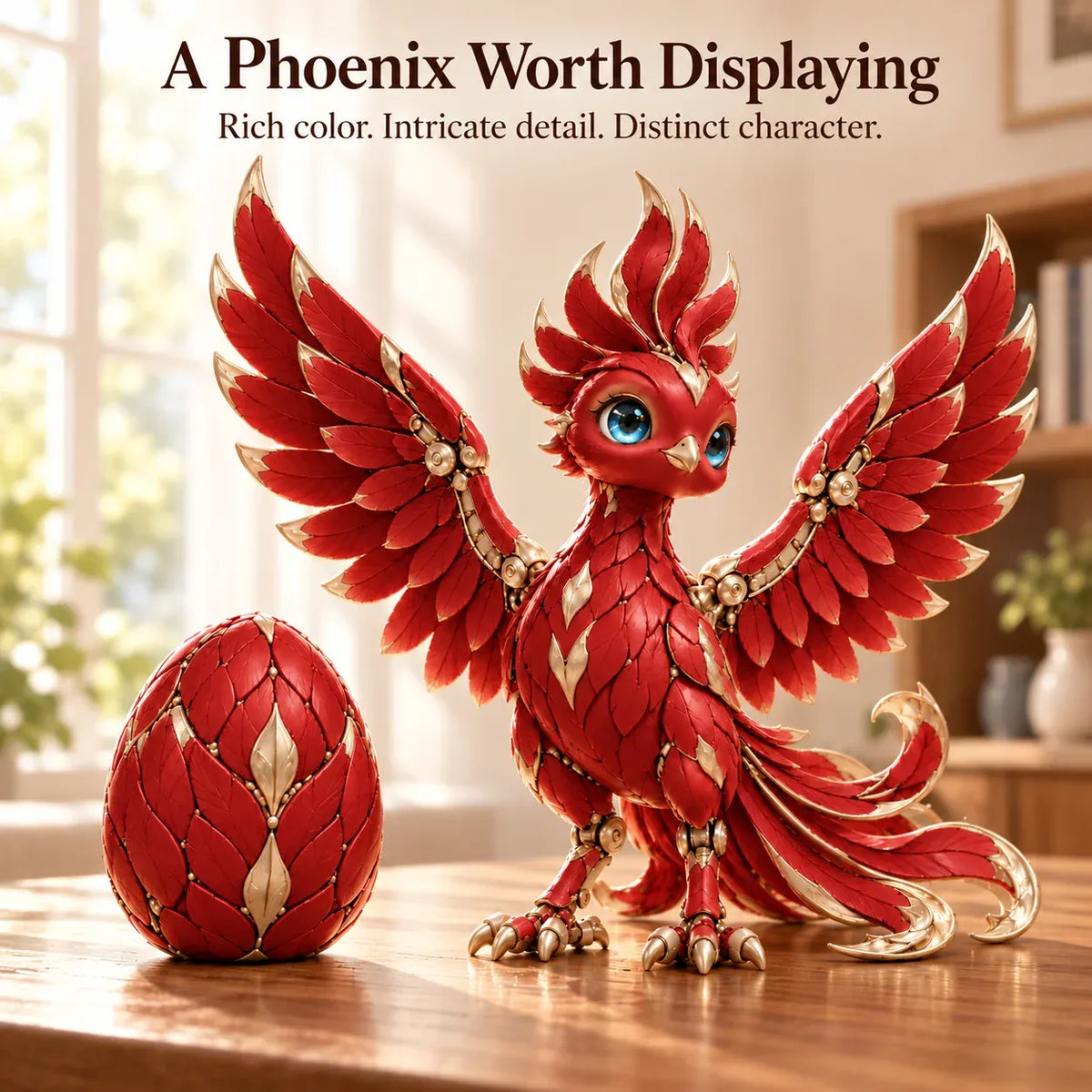 🔥 Red & Gold Phoenix Figurine – Fantasy Bird Statue with Bright Blue Eyes