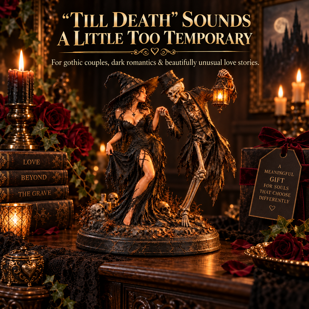 🖤 Till Death Do Us Part Gothic Couple Figurine | Witch & Skeleton Dark Romance Décor