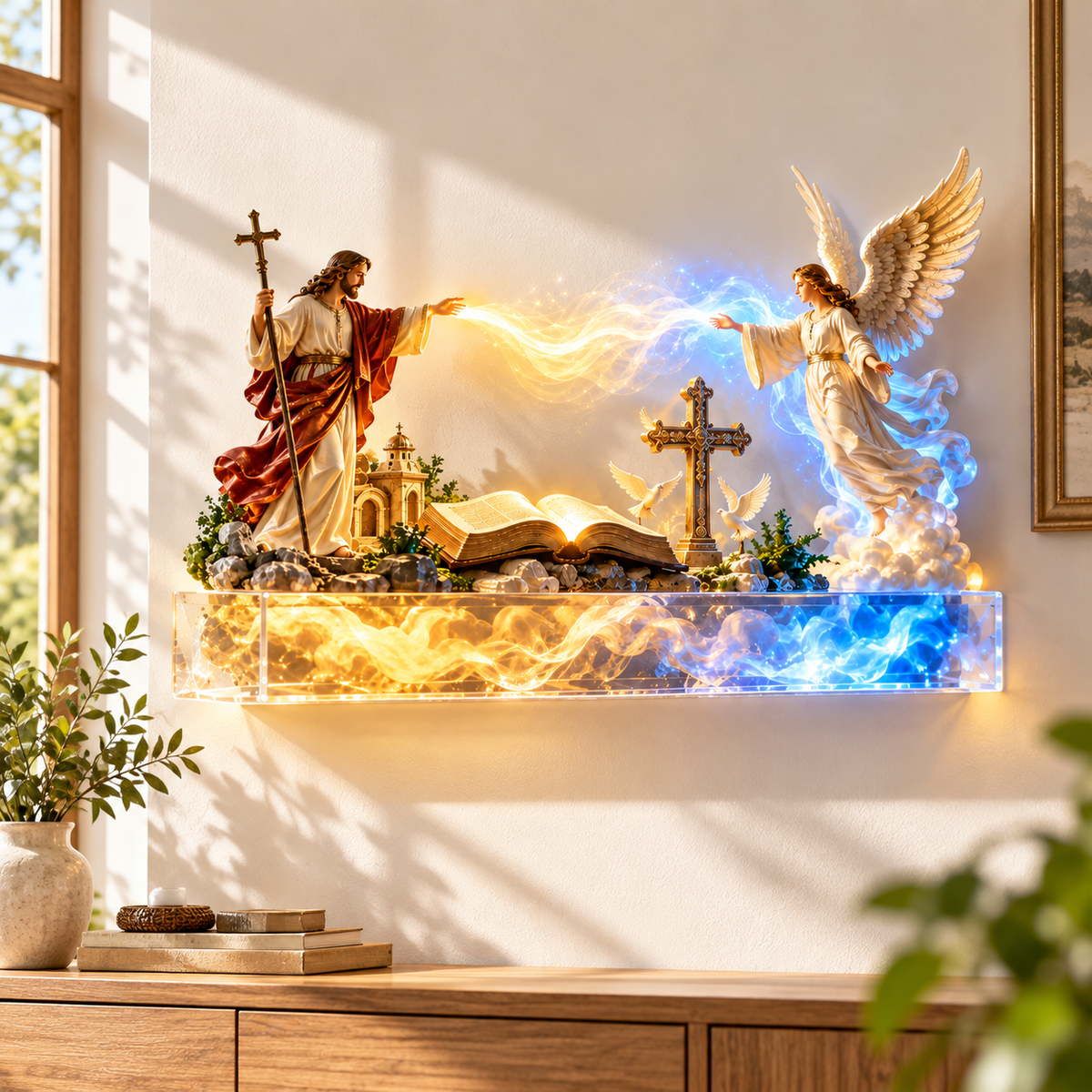 ✝️✨ Divine Light of Faith – 3D Illuminated Jesus & Angel Wall Art with Cross | Christian Home Decor ❤️